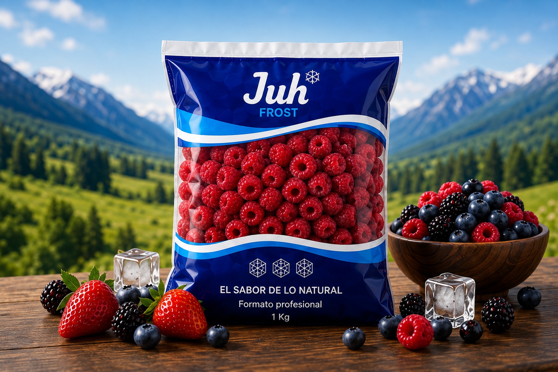 Bolsa de frambuesas congeladas Juh Frost en formato profesional de 1 Kg